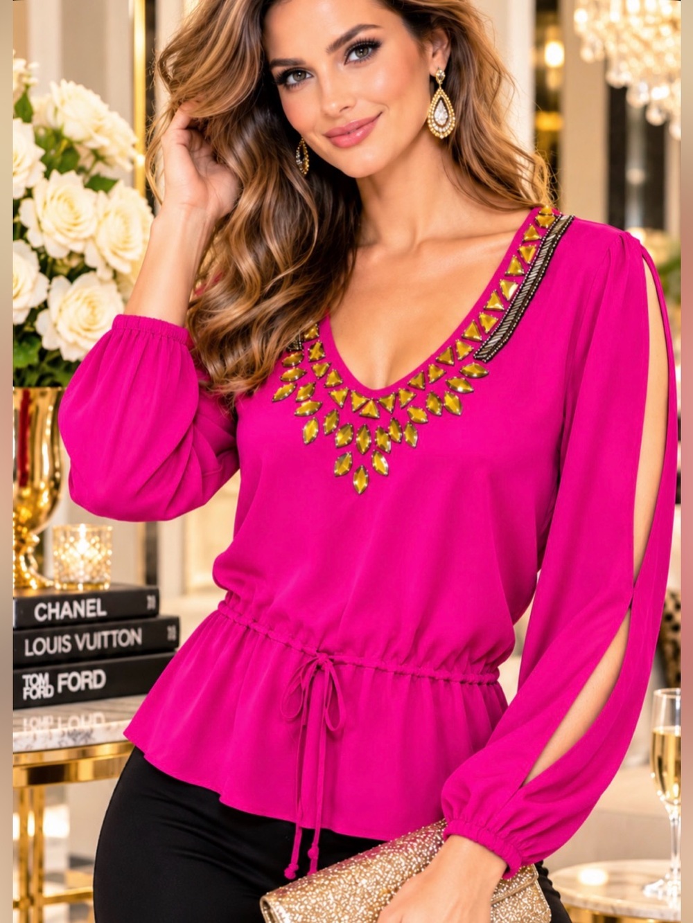 Caché Pink Silk Embellished Jeweled Blouse Top Size Small Fuchsia